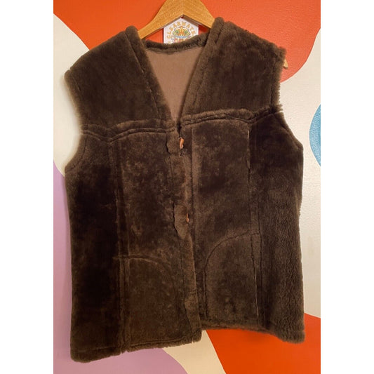 Vintage 60s Faux Fur Vest Women's Size 50 Brown Sleeveless Outdoors Casual