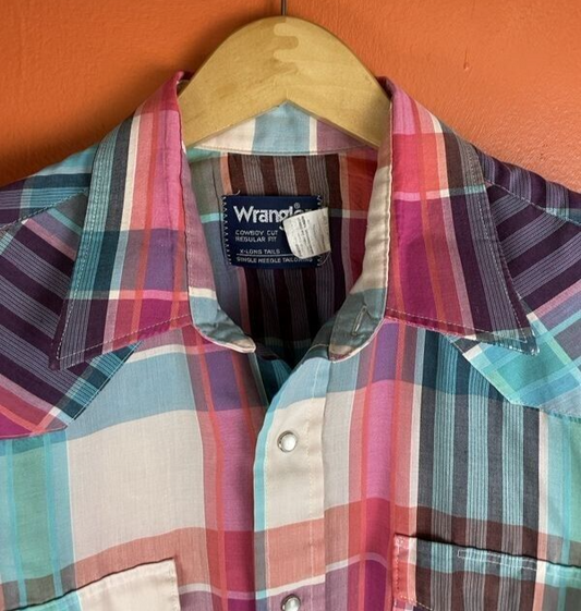 90s Wrangler Western Pearl Snap Shirt 16.5 Plaid Plaid Made in USA