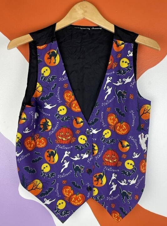 Halloween Vest Small Purple Black V-Neck Pumpkin