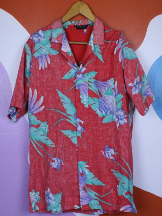 Platinum Aloha Shirt Men's Medium Red Pineapple 90s Palm