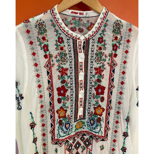 Johnny Was Tunic Top Blouse Women Small White Henley Floral Embroidered Pullover